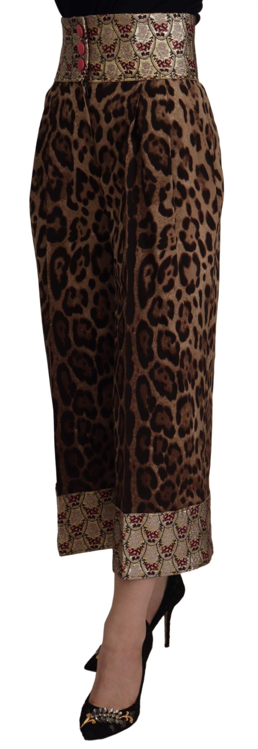 Dolce & Gabbana Braune Leopard-Gold-Jacquard-Hose mit hoher Taille