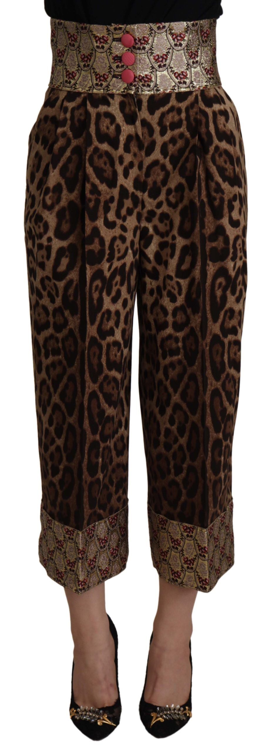 Dolce & Gabbana Braune Leopard-Gold-Jacquard-Hose mit hoher Taille
