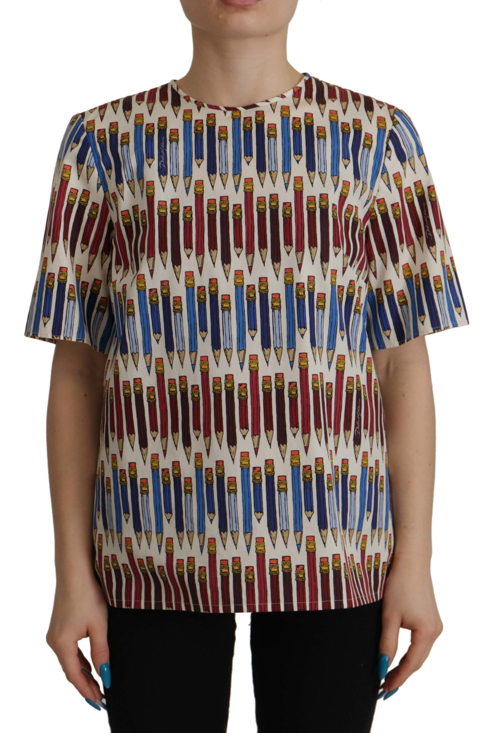 Dolce & Gabbana Weiße T-Shirt-Bluse mit Bleistiftdruck aus Baumwolle