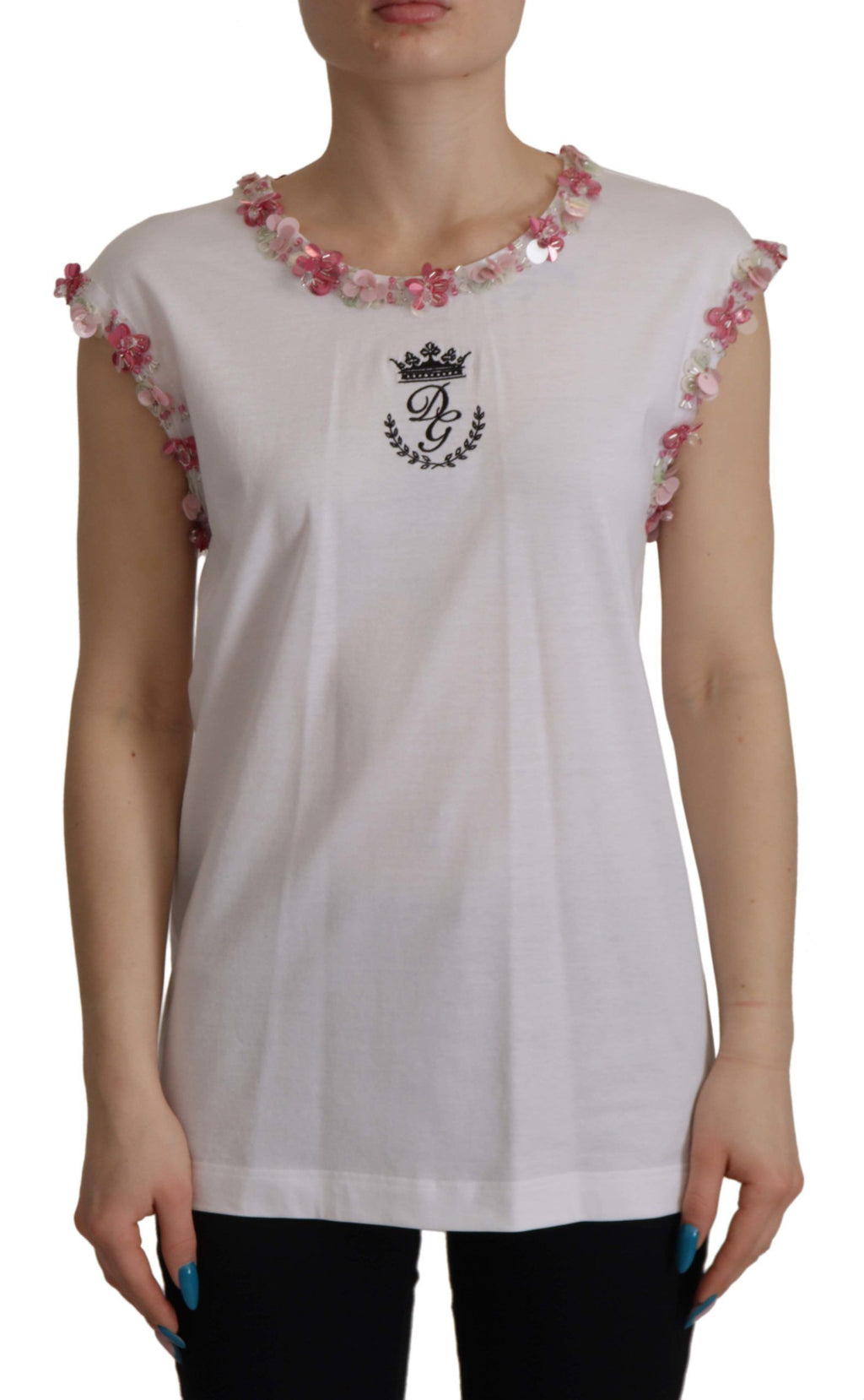 Dolce & Gabbana Weißes DG Crown Floral Pailletten-T-Shirt