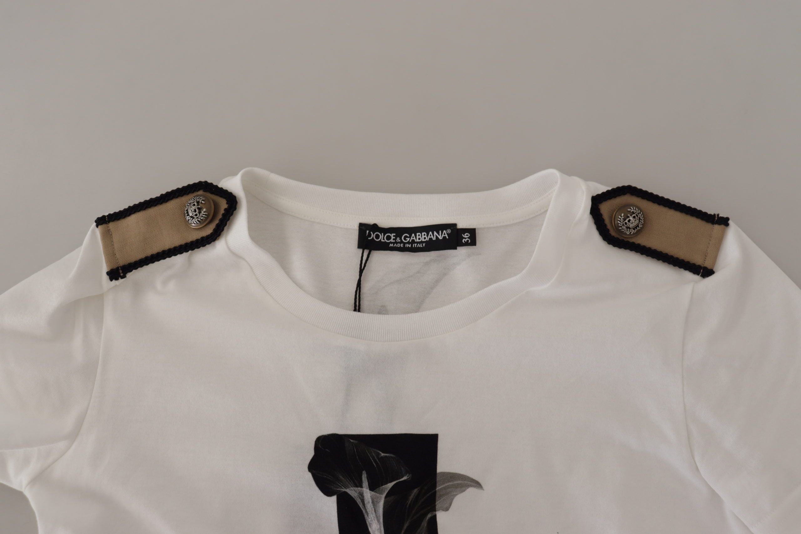 Dolce & Gabbana Weiß Schwarz Rosen Baumwoll-T-Shirt mit Rundhalsausschnitt