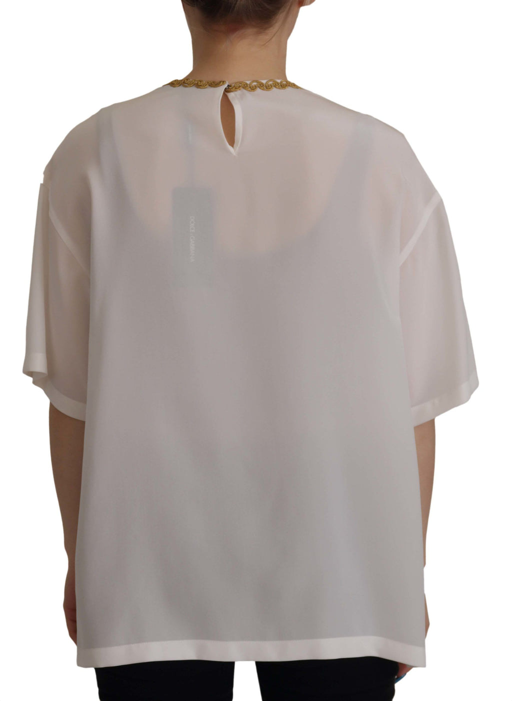 Dolce & Gabbana Weißes Seiden-Gold-DG-Kronenkristall-Blusentop