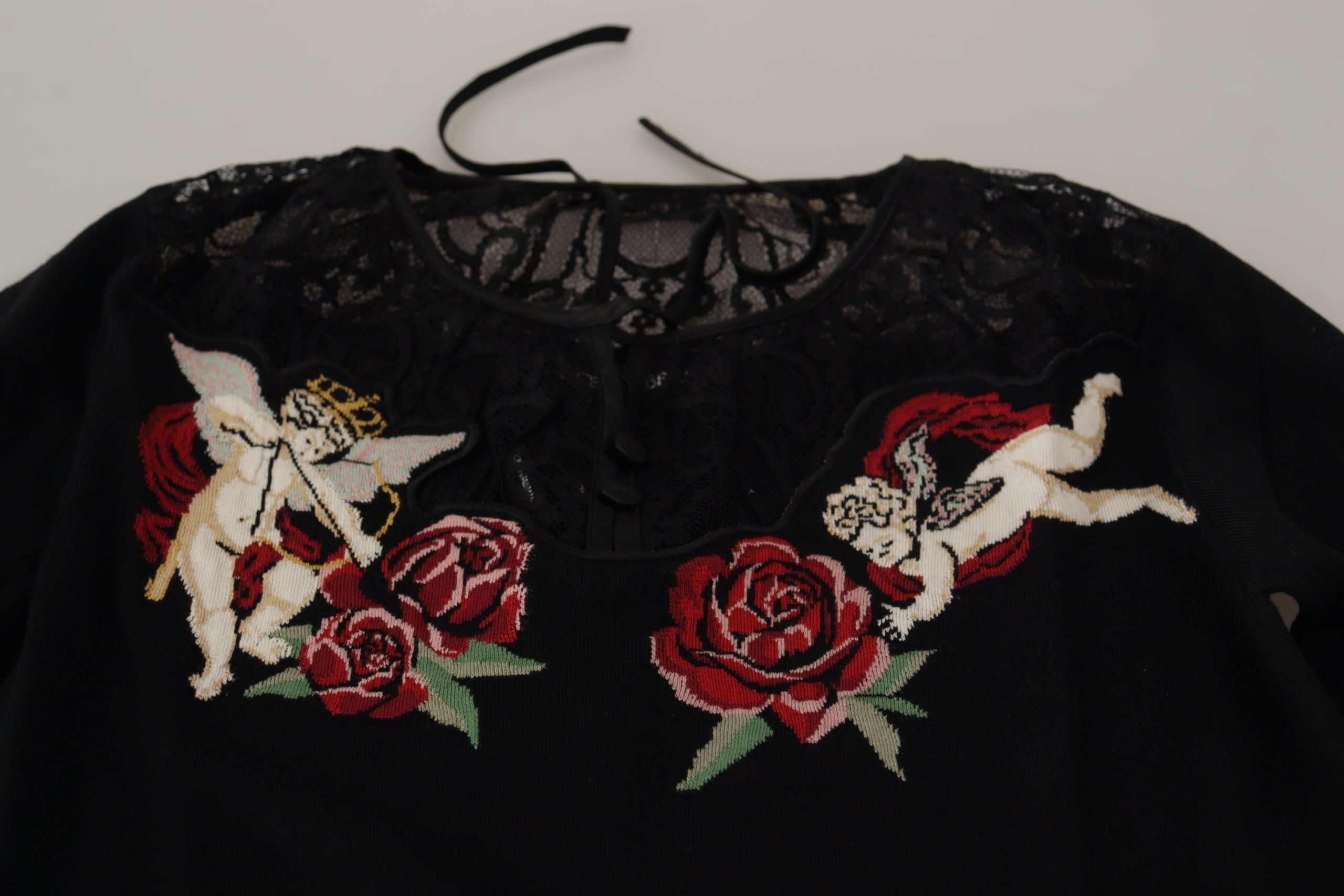 Dolce & Gabbana Schwarzer Spitzen-Engel-Rosen-Strickpullover