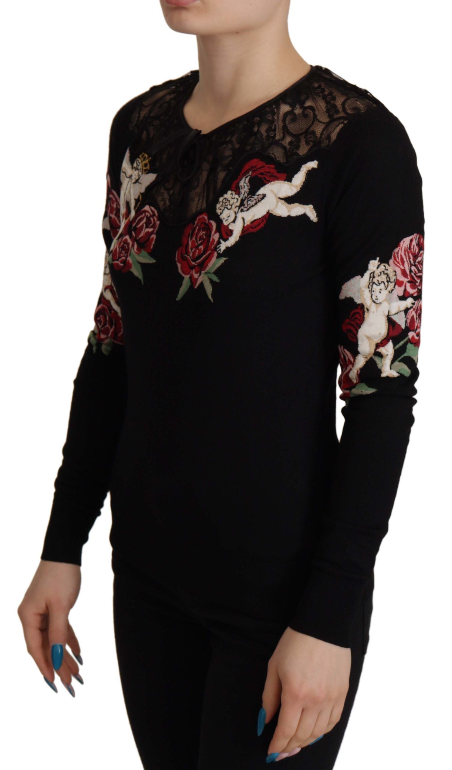 Dolce & Gabbana Schwarzer Spitzen-Engel-Rosen-Strickpullover