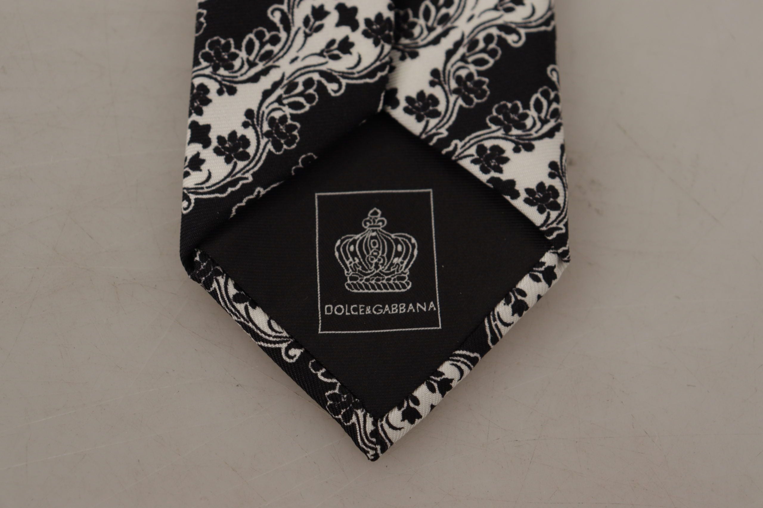 Dolce & Gabbana Schwarz Weiße Blume 100% Seide Druck Verstellbares Accessoire Krawatte