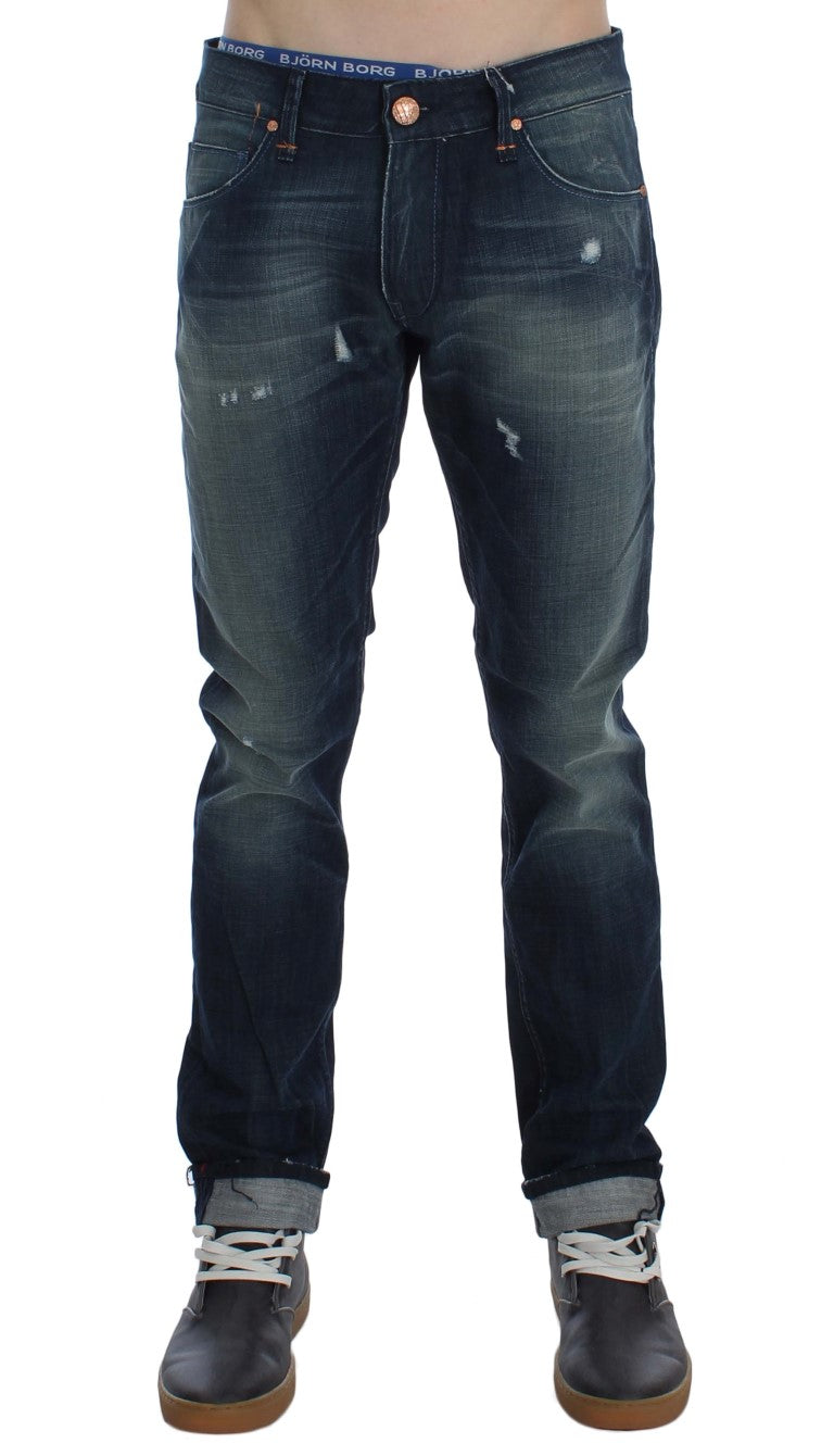 Acht Blaue Waschung Baumwolle Denim Slim Fit Jeans