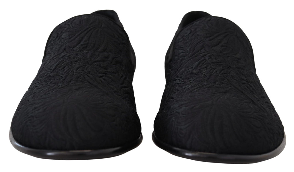 Dolce & Gabbana Schwarze Blumen-Jacquard-Slipper Loafers Schuhe