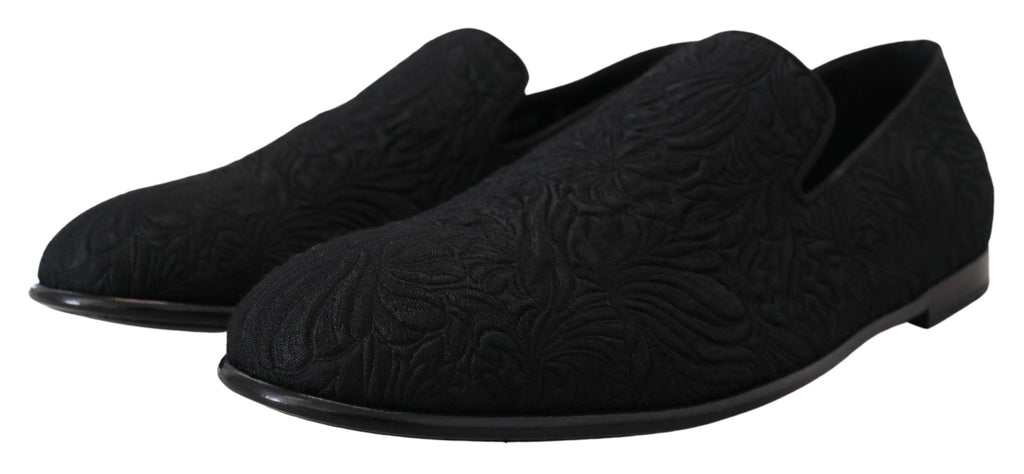 Dolce & Gabbana Schwarze Blumen-Jacquard-Slipper Loafers Schuhe