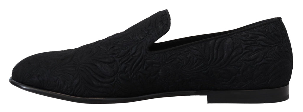 Dolce & Gabbana Schwarze Blumen-Jacquard-Slipper Loafers Schuhe