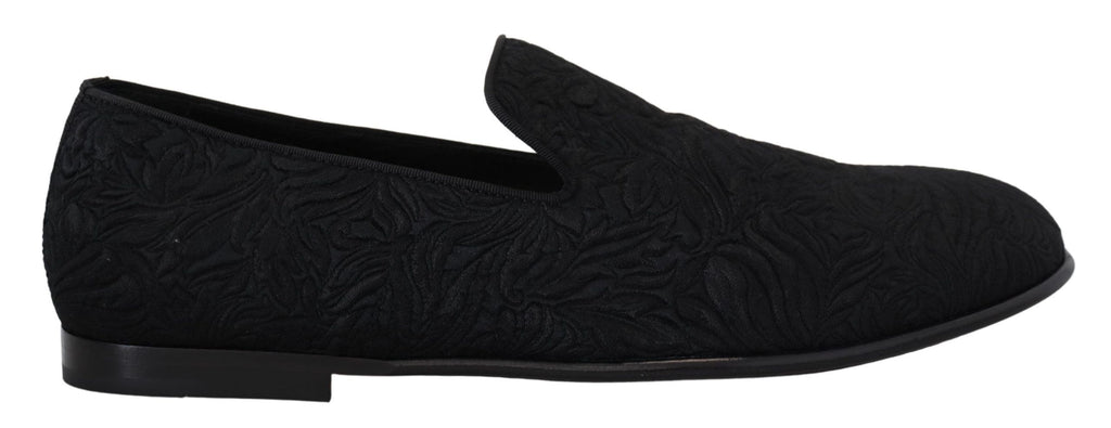 Dolce & Gabbana Schwarze Blumen-Jacquard-Slipper Loafers Schuhe