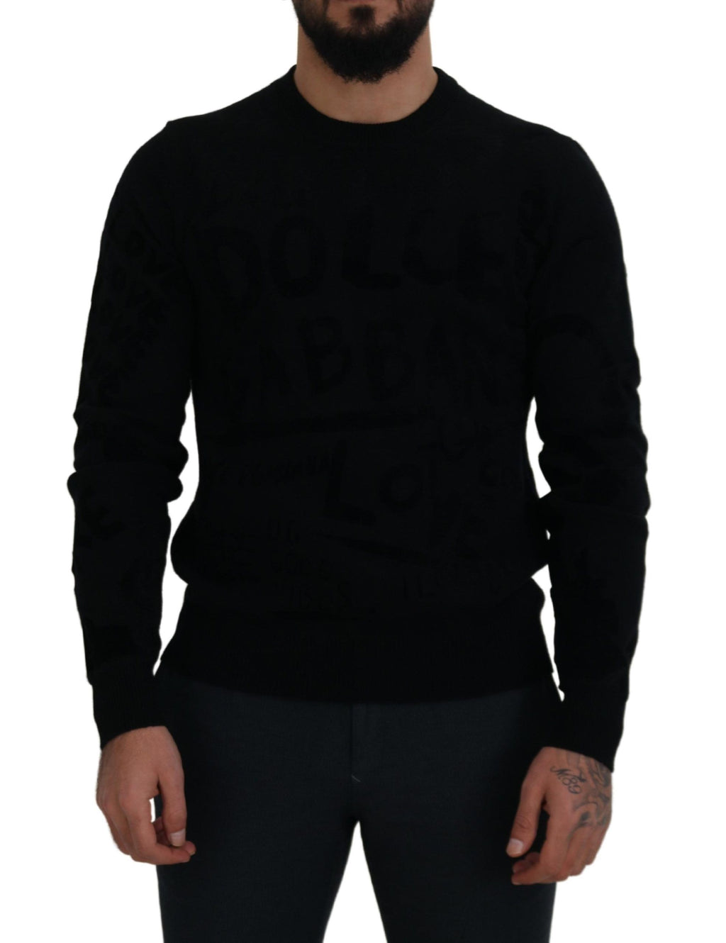 Dolce & Gabbana Schwarzer Wollpullover mit Logo-Muster und Rundhalsausschnitt