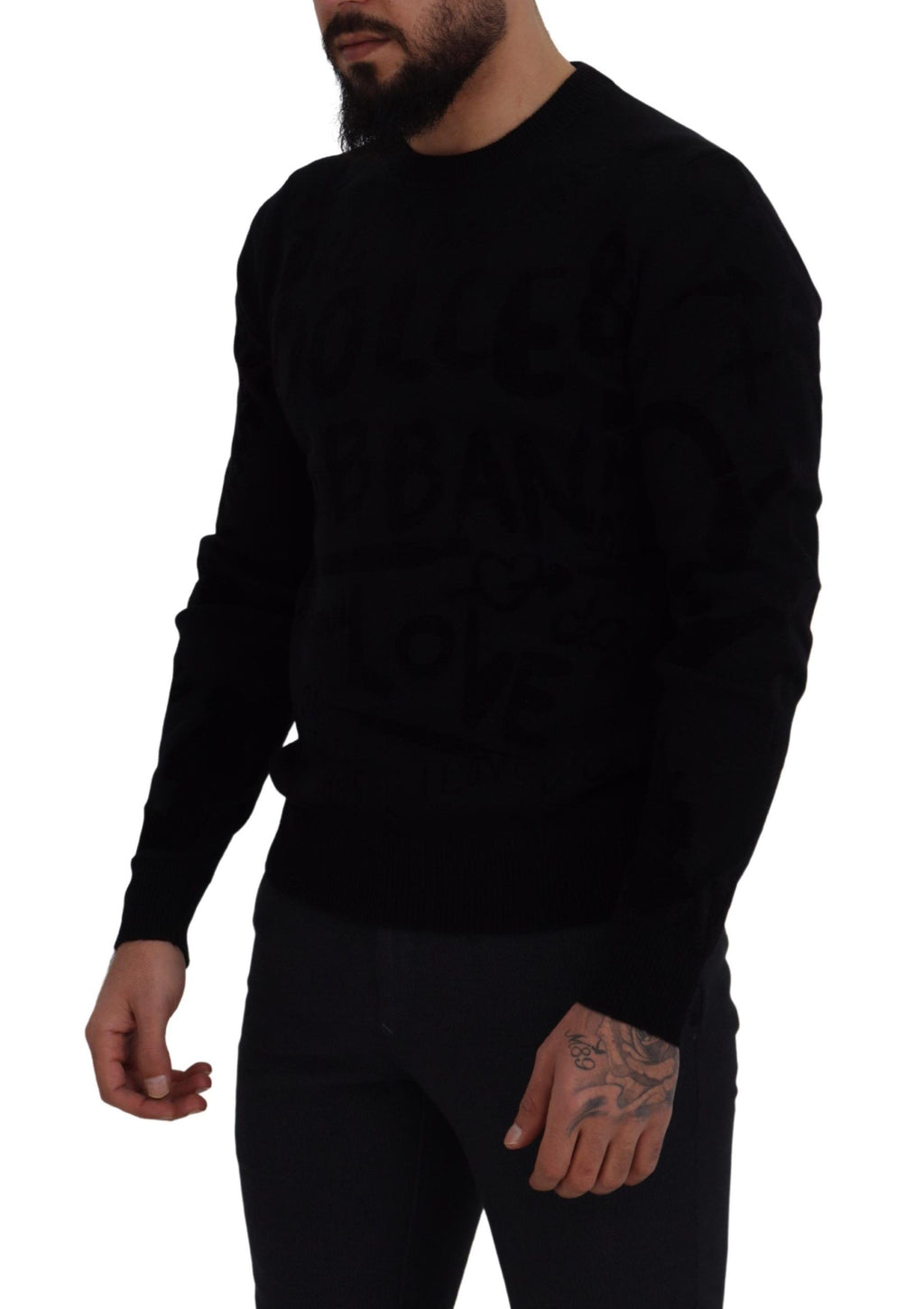 Dolce & Gabbana Schwarzer Wollpullover mit Logo-Muster und Rundhalsausschnitt