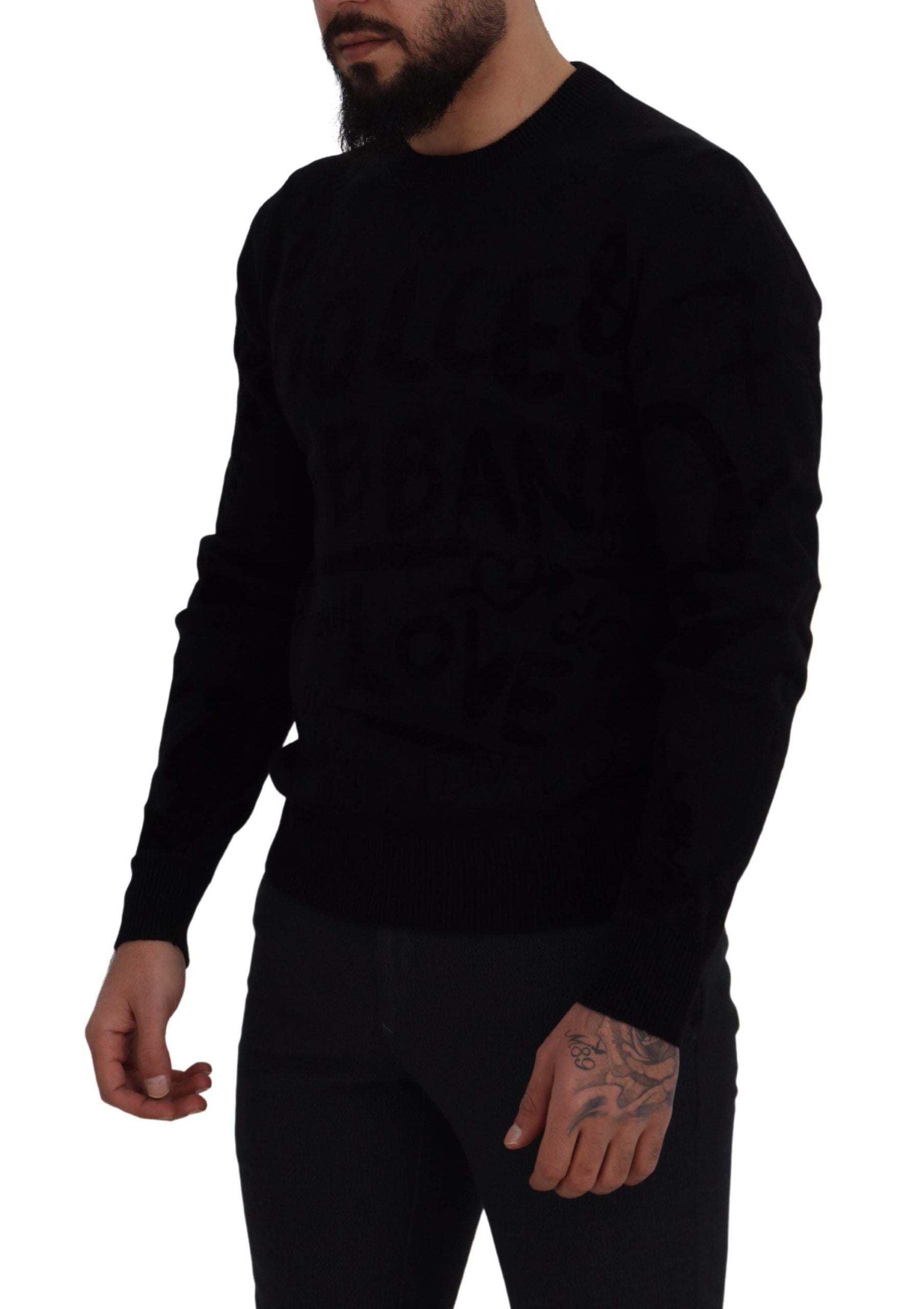 Dolce & Gabbana Schwarzer Wollpullover mit Logo-Muster und Rundhalsausschnitt