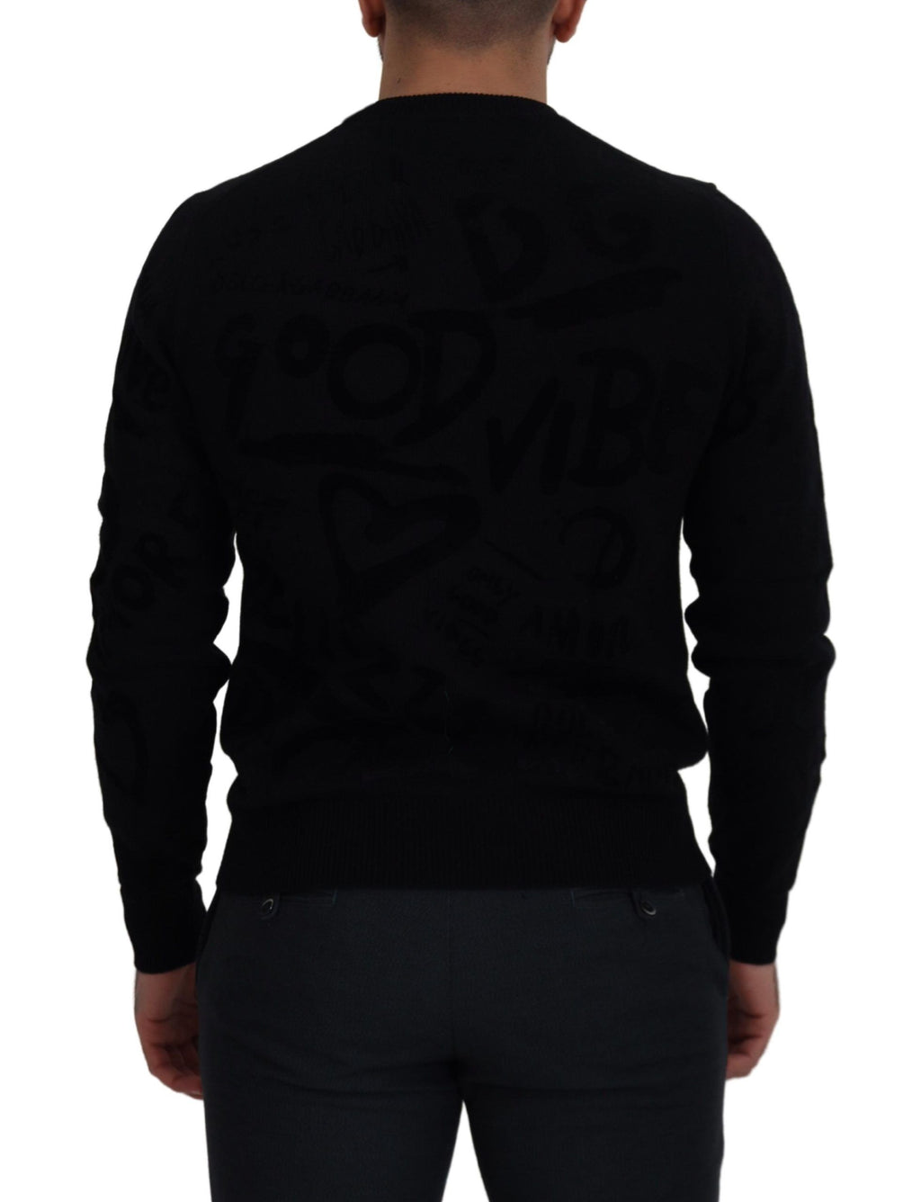 Dolce & Gabbana Schwarzer Wollpullover mit Logo-Muster und Rundhalsausschnitt