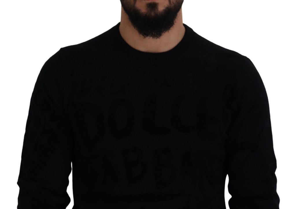 Dolce & Gabbana Schwarzer Wollpullover mit Logo-Muster und Rundhalsausschnitt