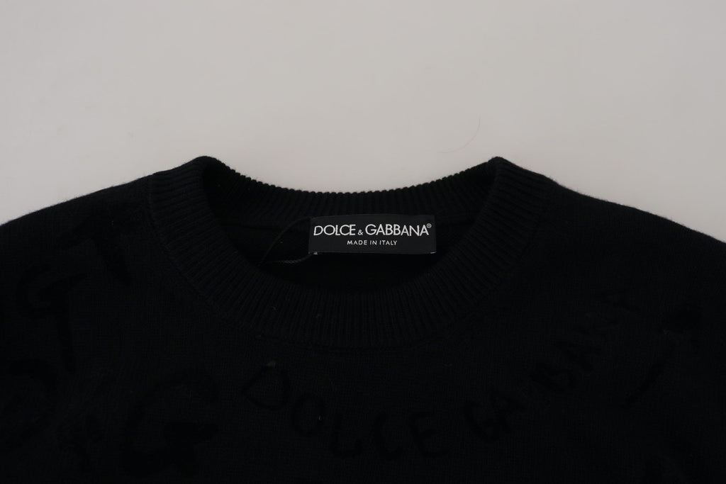 Dolce & Gabbana Schwarzer Wollpullover mit Logo-Muster und Rundhalsausschnitt
