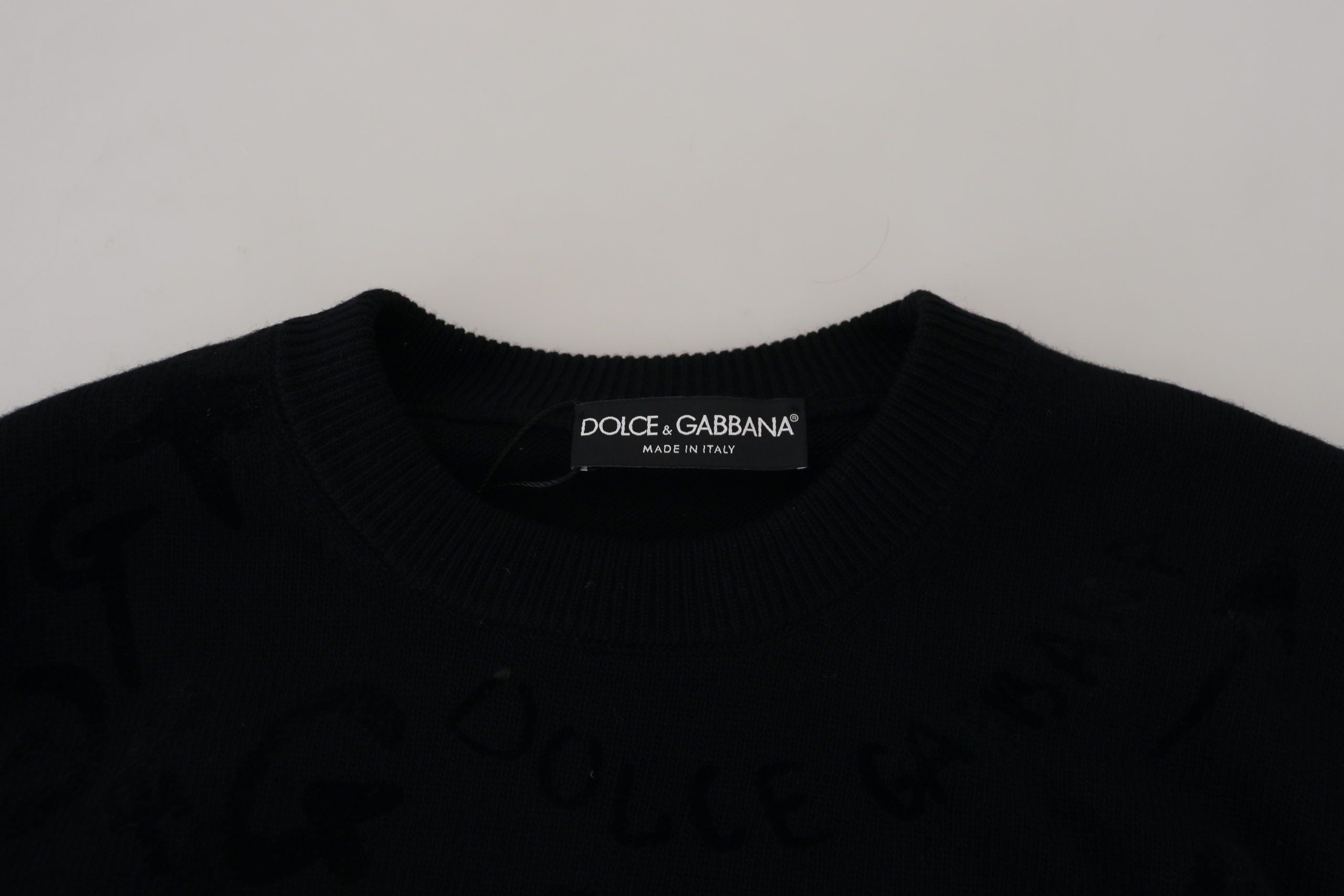 Dolce & Gabbana Schwarzer Wollpullover mit Logo-Muster und Rundhalsausschnitt
