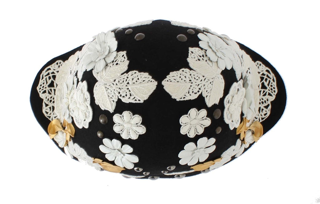 Dolce & Gabbana Schwarz Wolle Weiß Floral Gold Leaf Hut