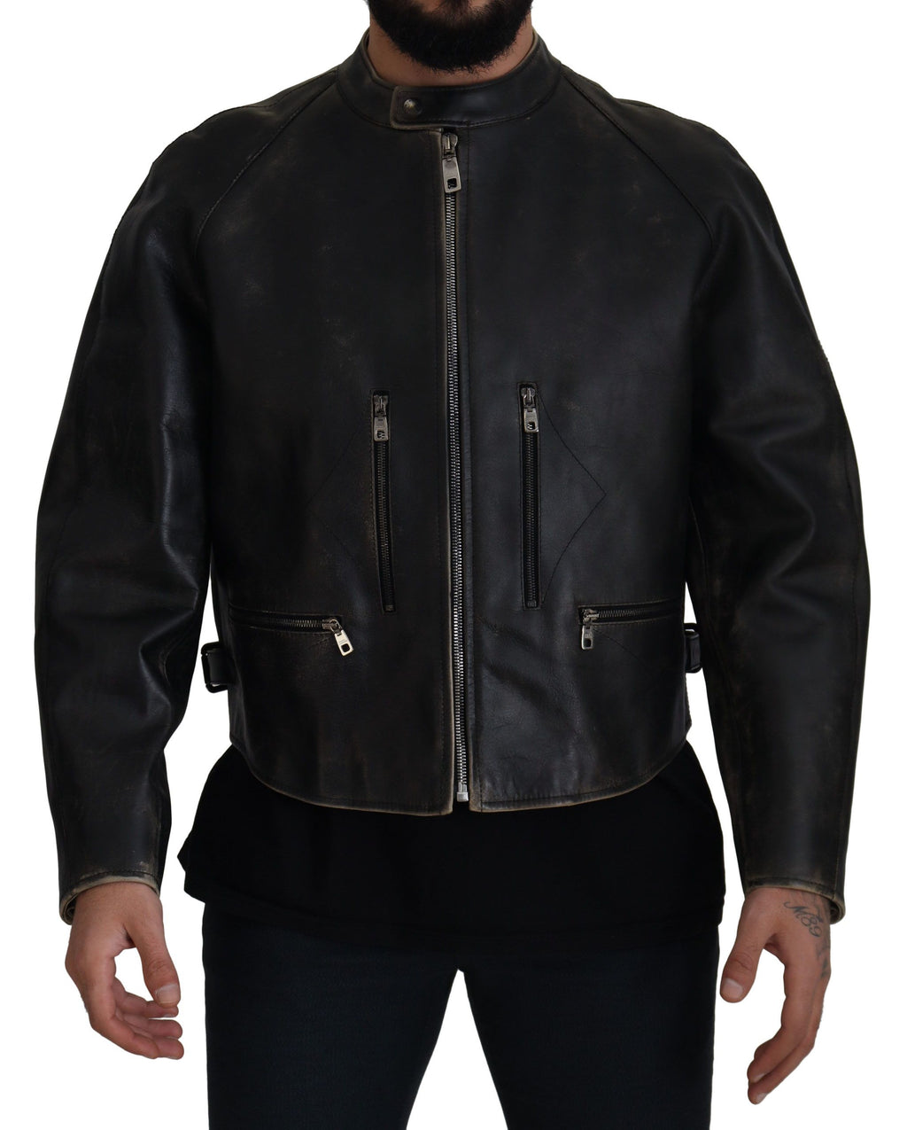 Dolce & Gabbana Schwarzer Leder Bikermantel mit Reißverschluss Jacke