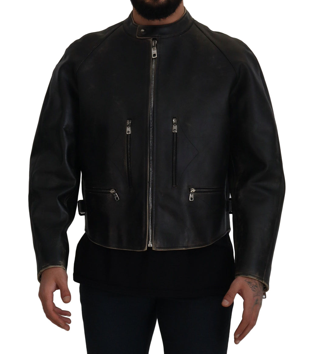 Dolce & Gabbana Schwarzer Leder Bikermantel mit Reißverschluss Jacke