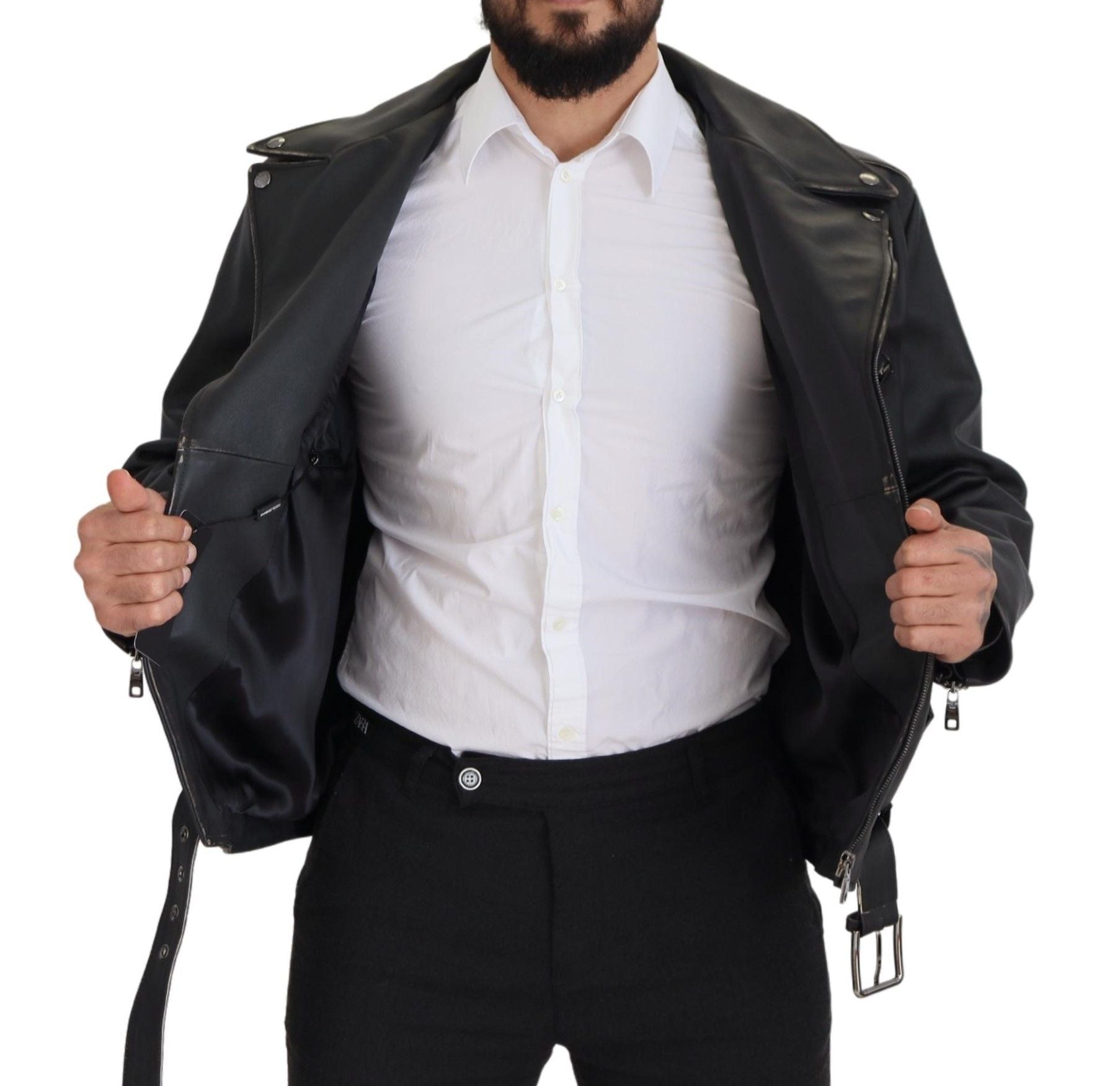 Dolce & Gabbana Schwarzer Leder Bikermantel Zipper Jacke