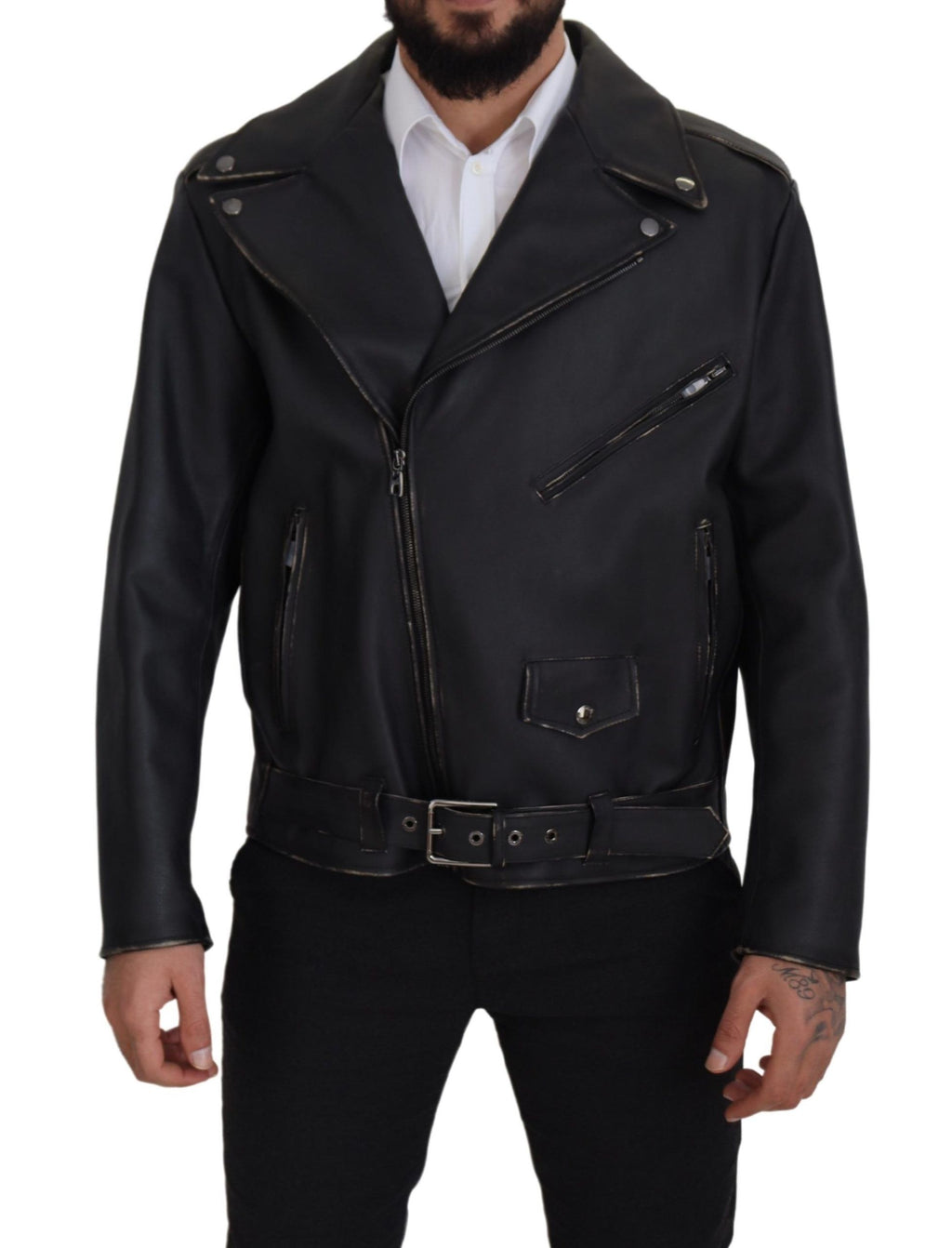 Dolce & Gabbana Schwarzer Leder Bikermantel Zipper Jacke