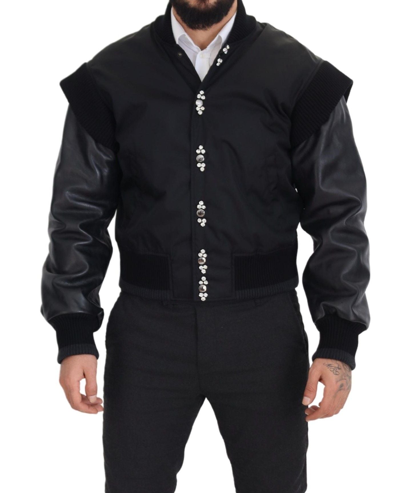 Dolce & Gabbana Schwarze Nylonjacke mit Kristallknöpfen