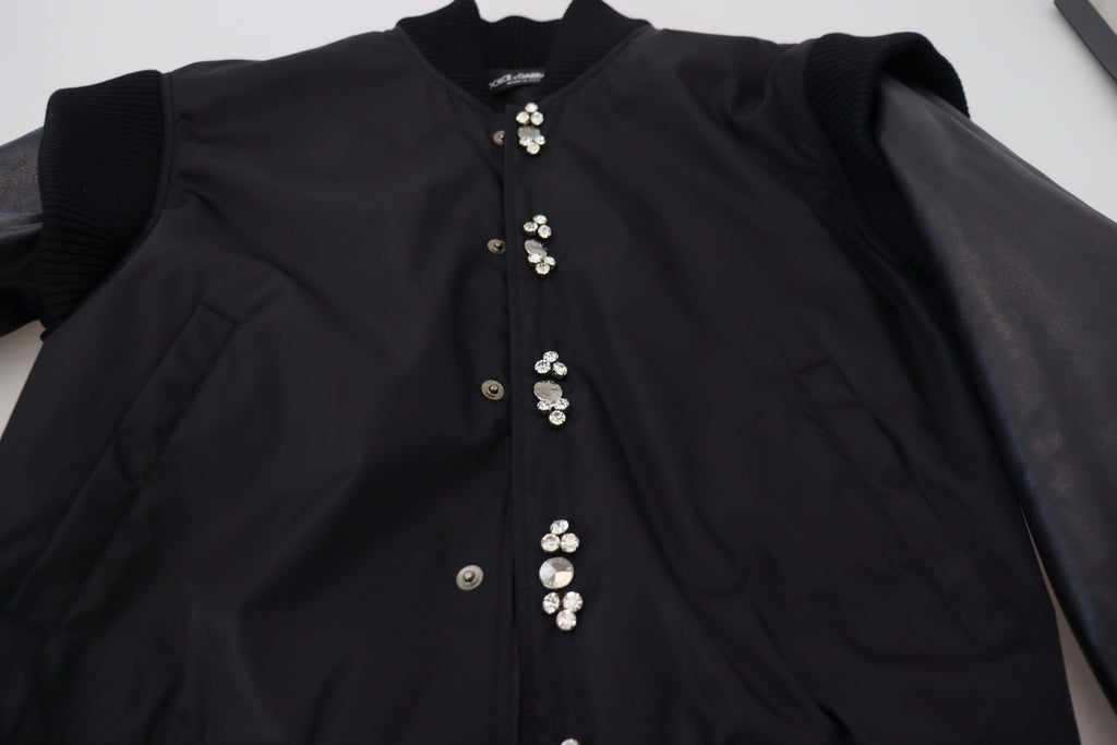 Dolce & Gabbana Schwarzes Nylon Kristalle Mantel Knöpfe Jacke