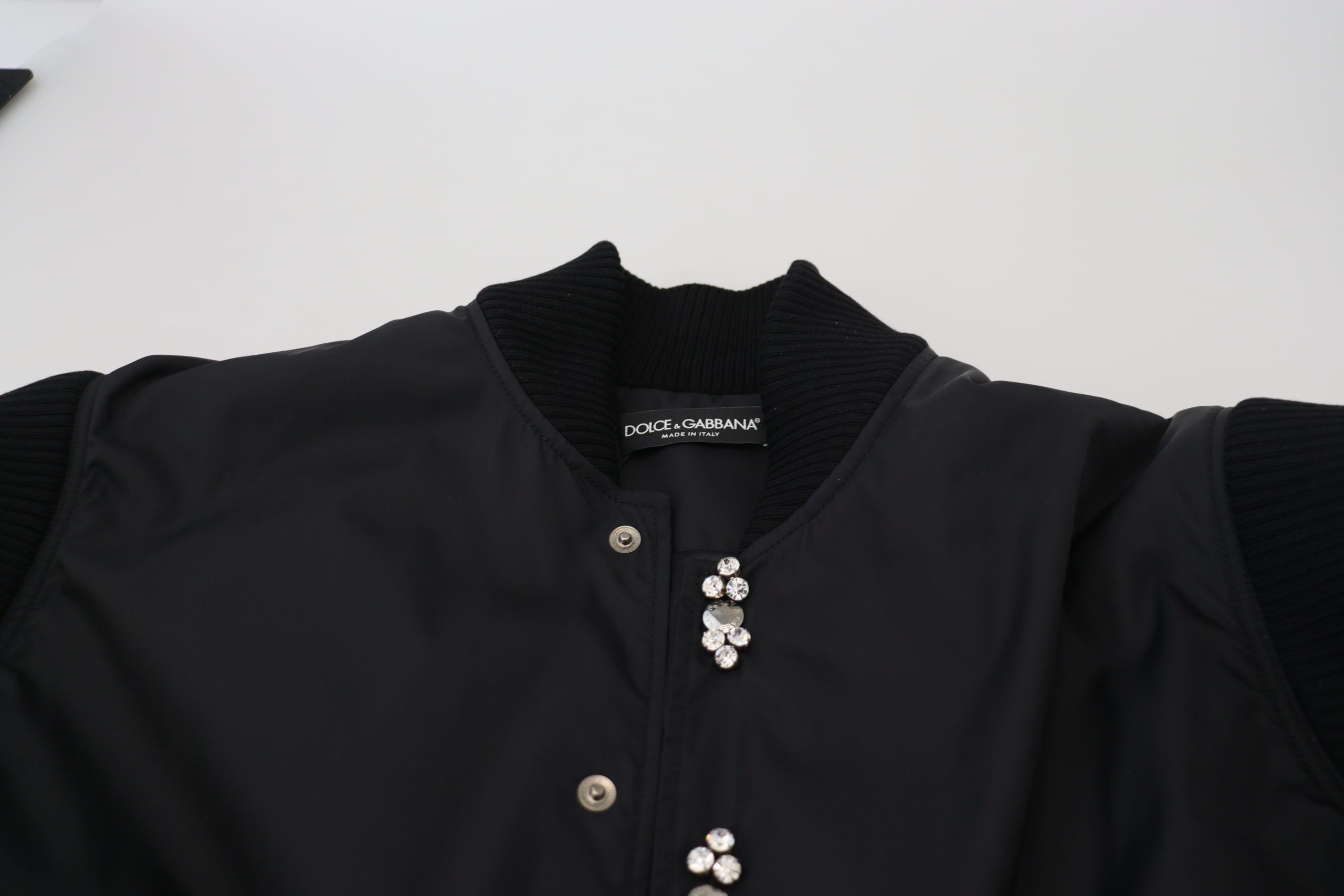 Dolce & Gabbana Schwarzes Nylon Kristalle Mantel Knöpfe Jacke