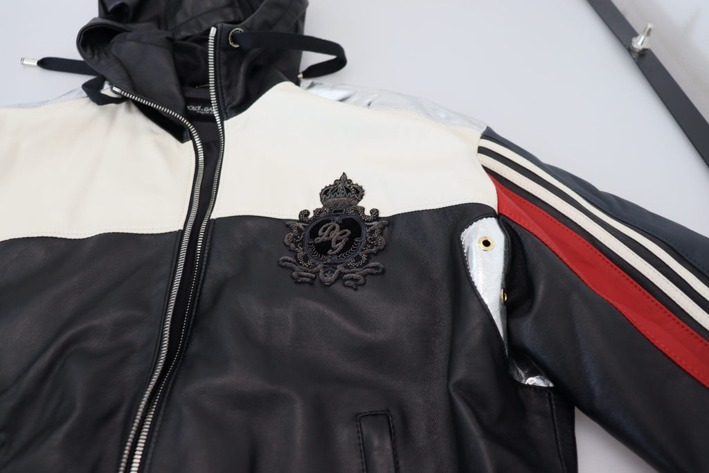 Dolce & Gabbana Schwarzer Leder Blousonmantel mit Kapuze Jacke