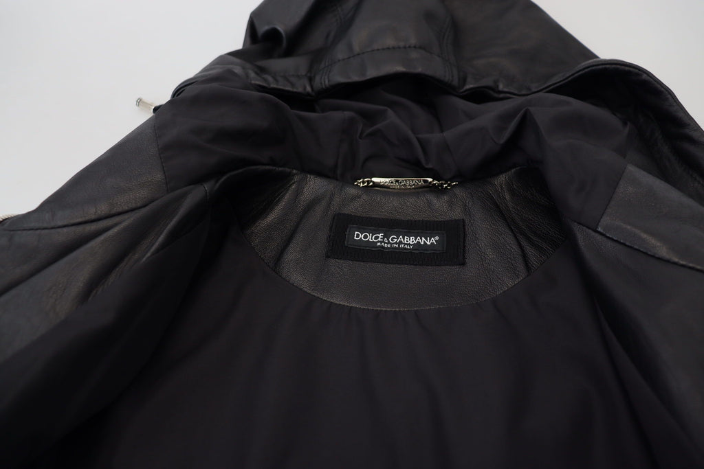 Dolce & Gabbana Schwarze Lederjacke mit Kapuze Blouson