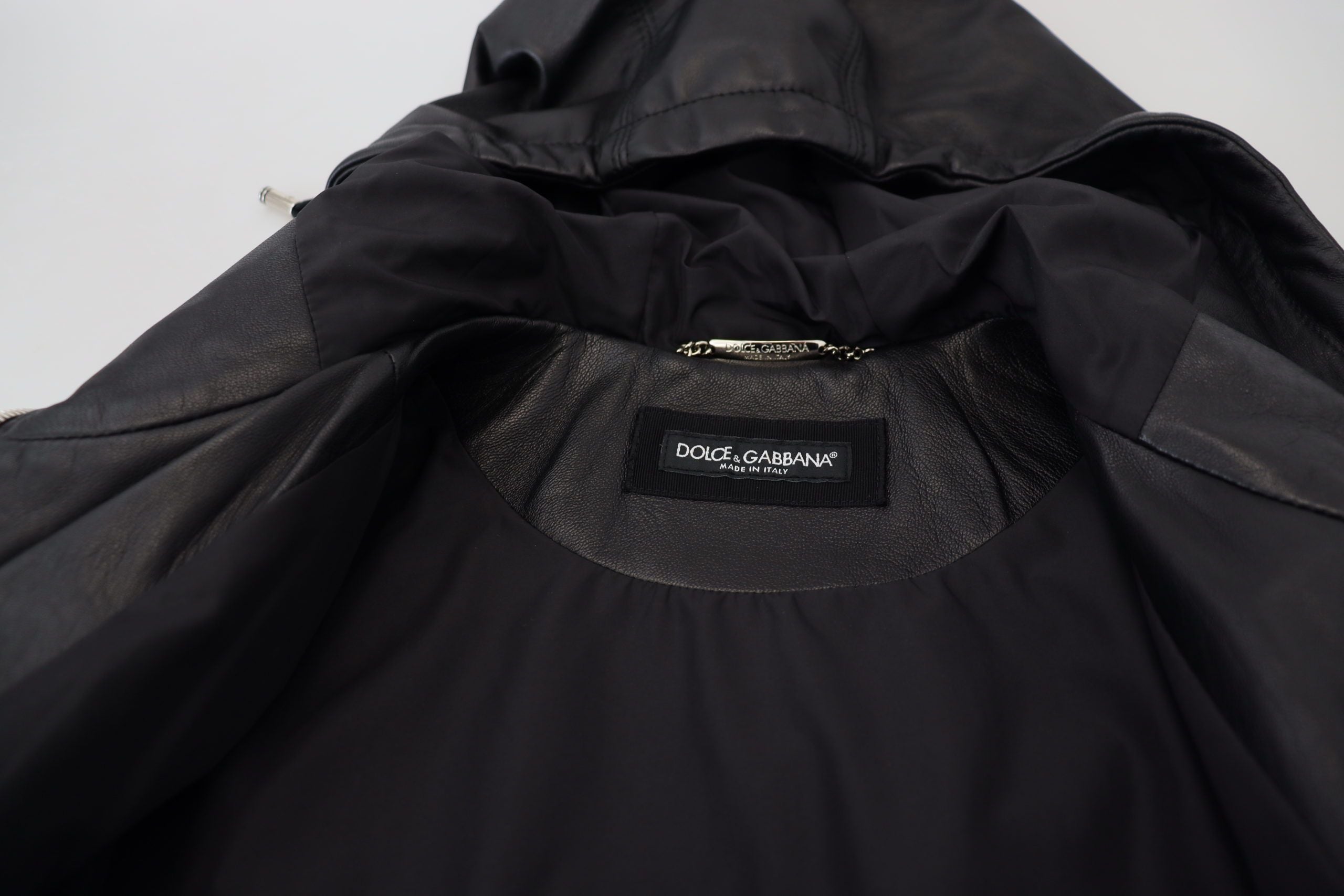 Dolce & Gabbana Schwarze Lederjacke mit Kapuze Blouson