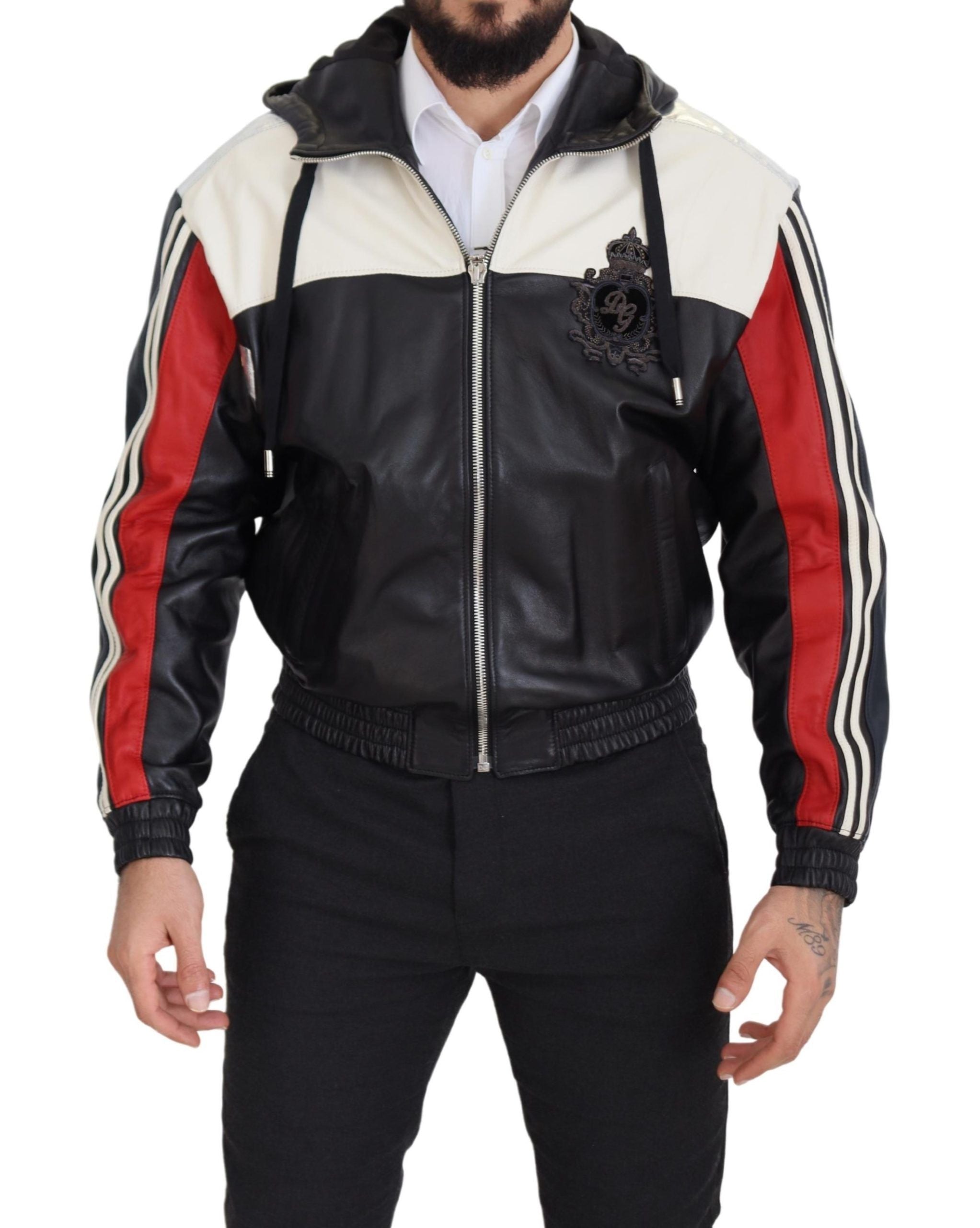 Dolce & Gabbana Schwarze Lederjacke mit Kapuze Blouson