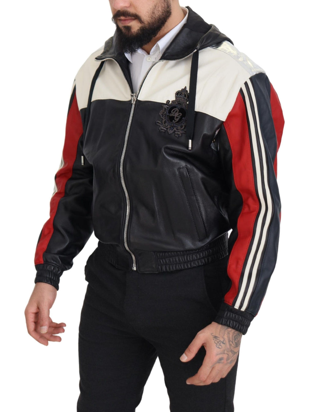 Dolce & Gabbana Schwarze Lederjacke mit Kapuze Blouson