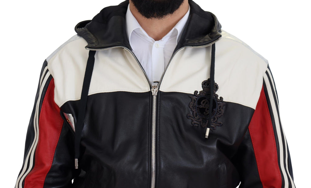 Dolce & Gabbana Schwarzer Leder Blousonmantel mit Kapuze Jacke