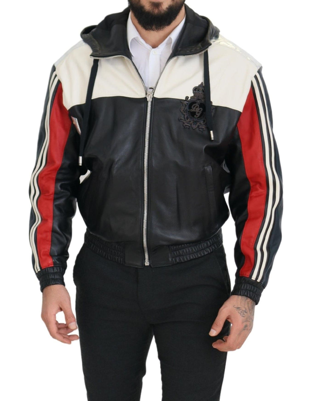 Dolce & Gabbana Schwarzer Leder Blousonmantel mit Kapuze Jacke