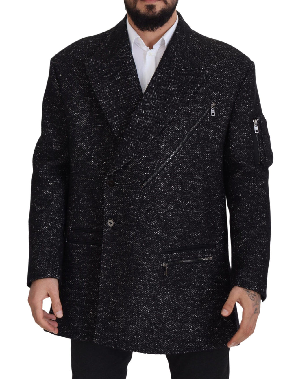 Dolce & Gabbana Schwarzer Wollmantel Zweireiher Herrenjacke