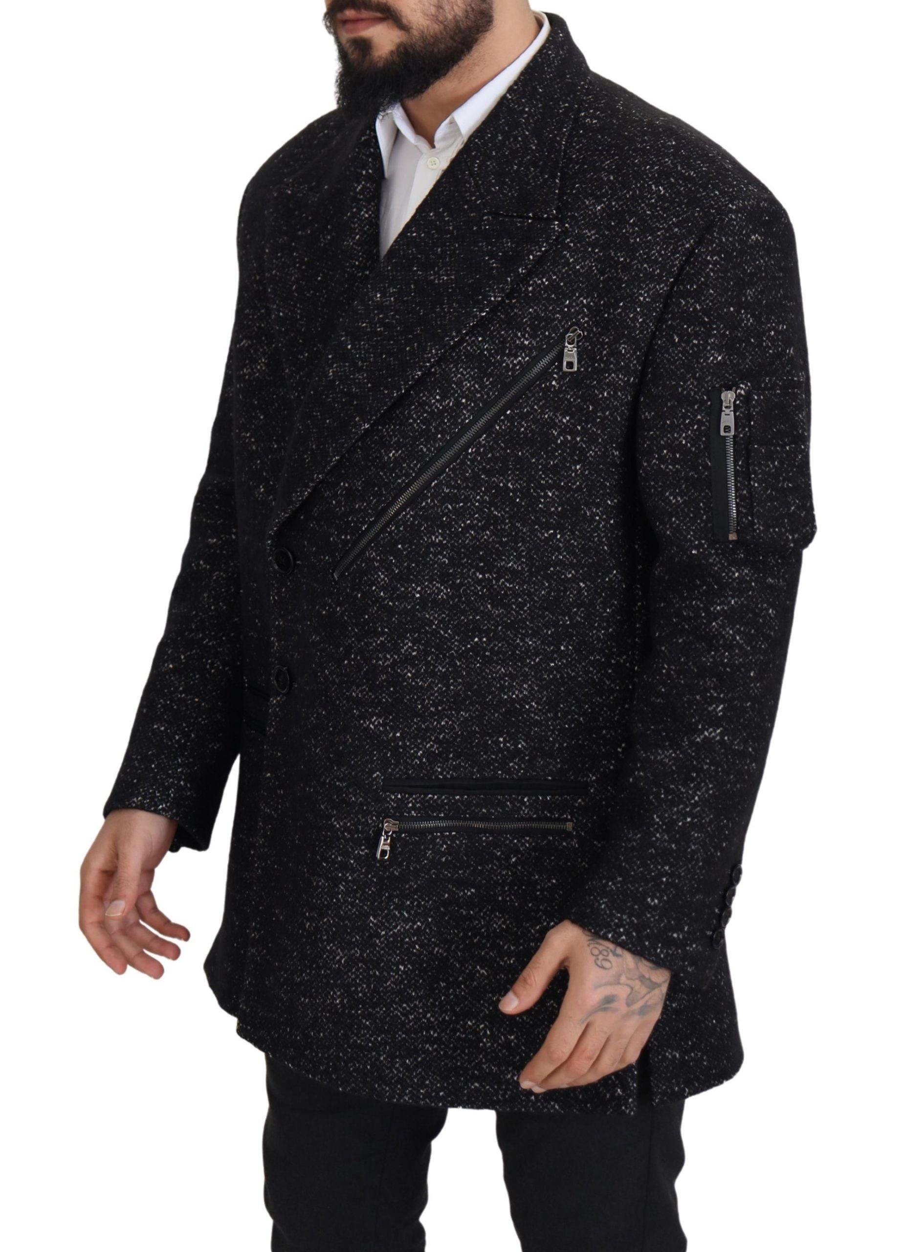Dolce & Gabbana Schwarzer Wollmantel Zweireiher Herrenjacke
