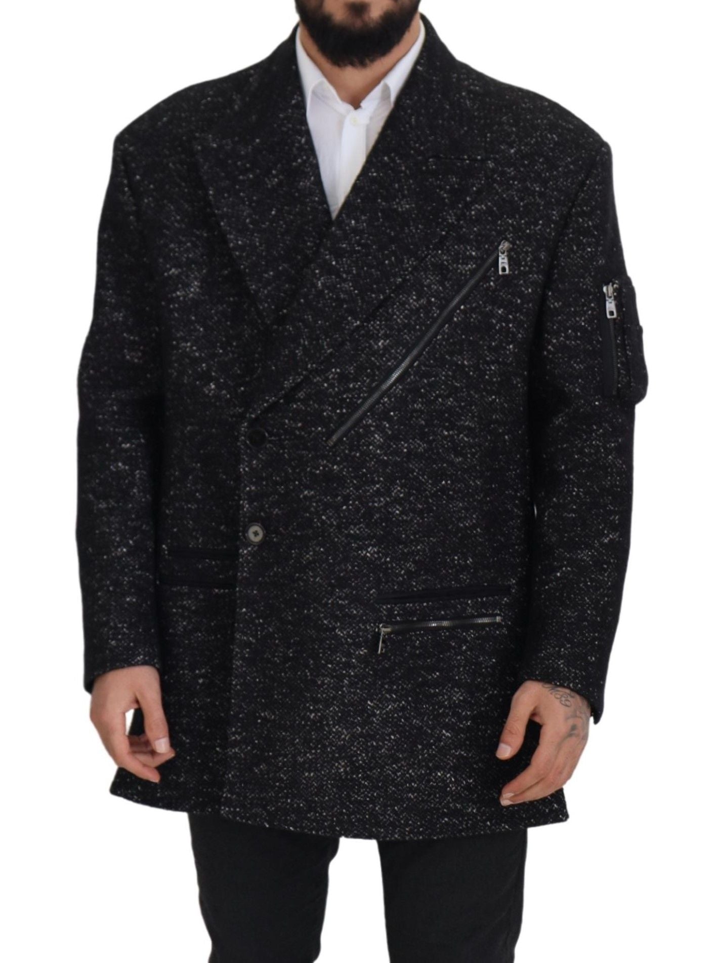 Dolce & Gabbana Schwarzer Wollmantel Zweireiher Herrenjacke