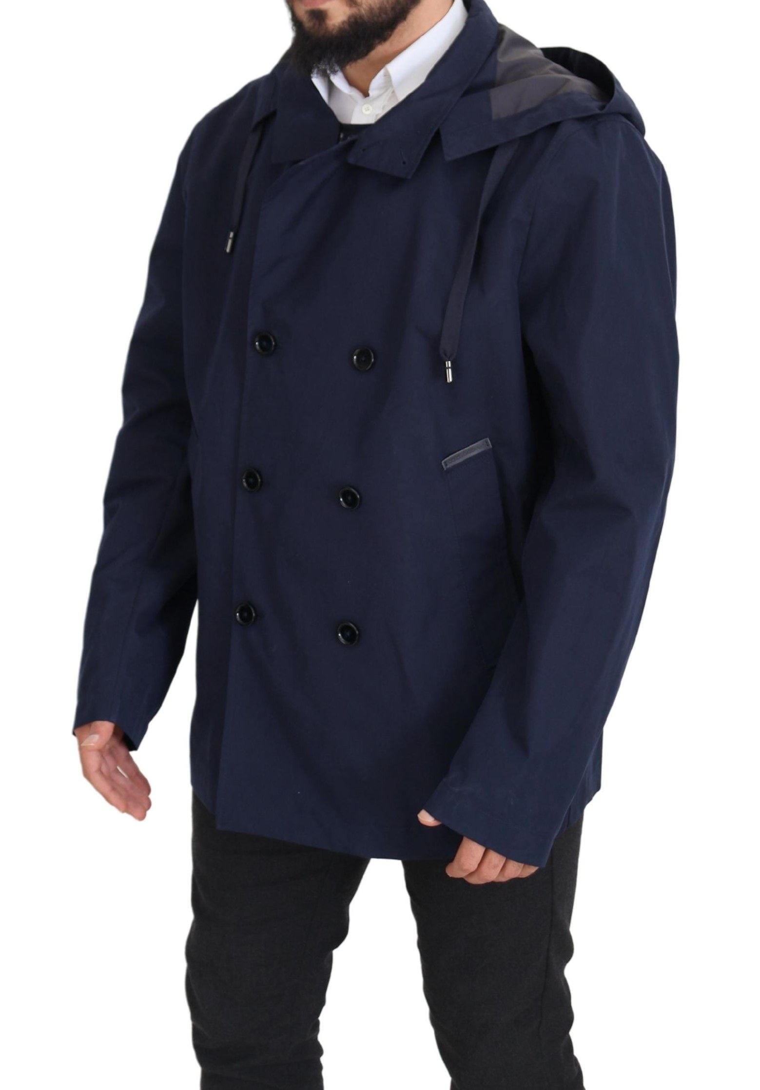 Dolce & Gabbana Blauer zweireihiger Mantel mit Kapuze