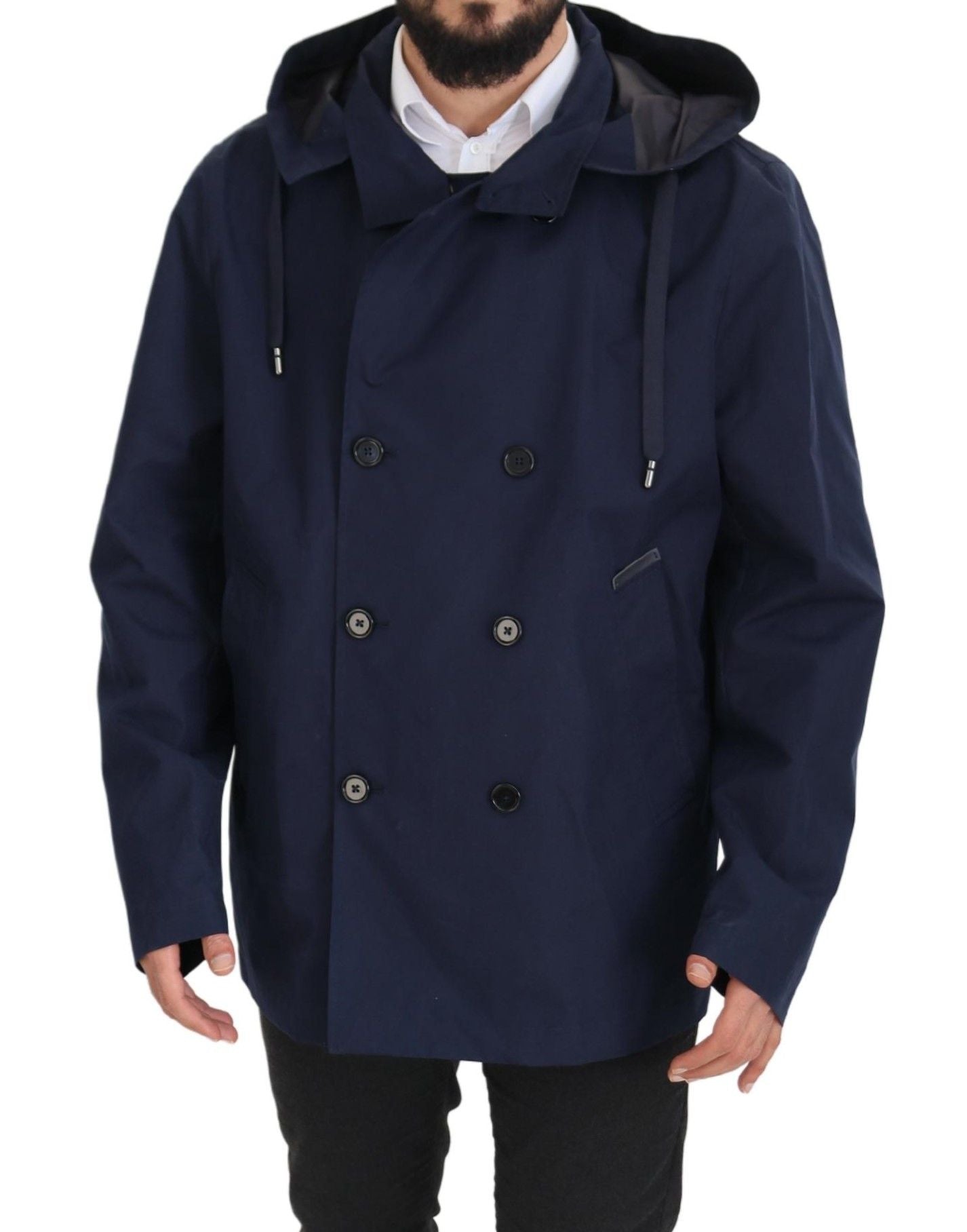 Dolce & Gabbana Blauer doppelreihiger Mantel mit Kapuze Jacke