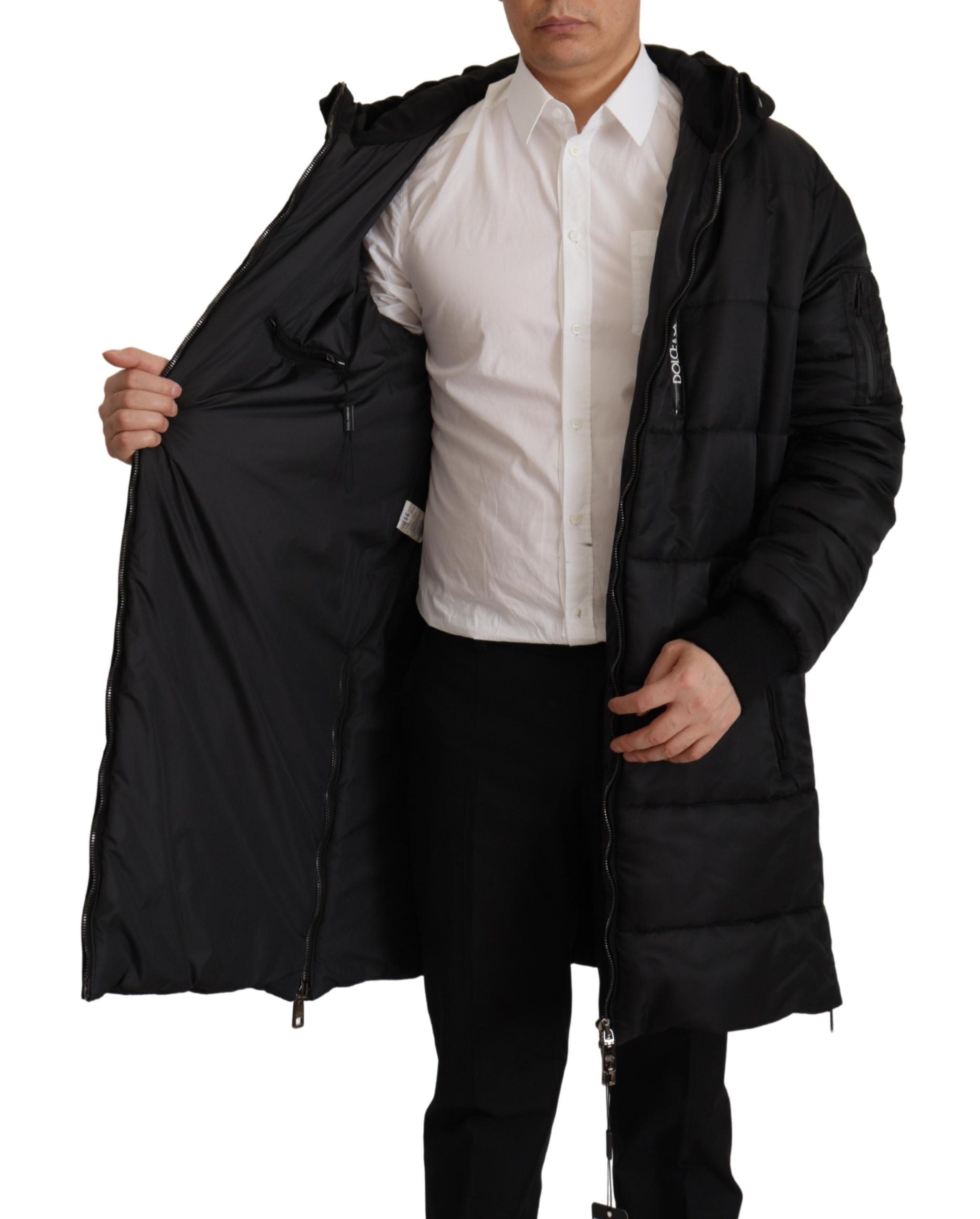Dolce & Gabbana Schwarzer Nylon-Parka-Mantel mit Kapuze Winterjacke