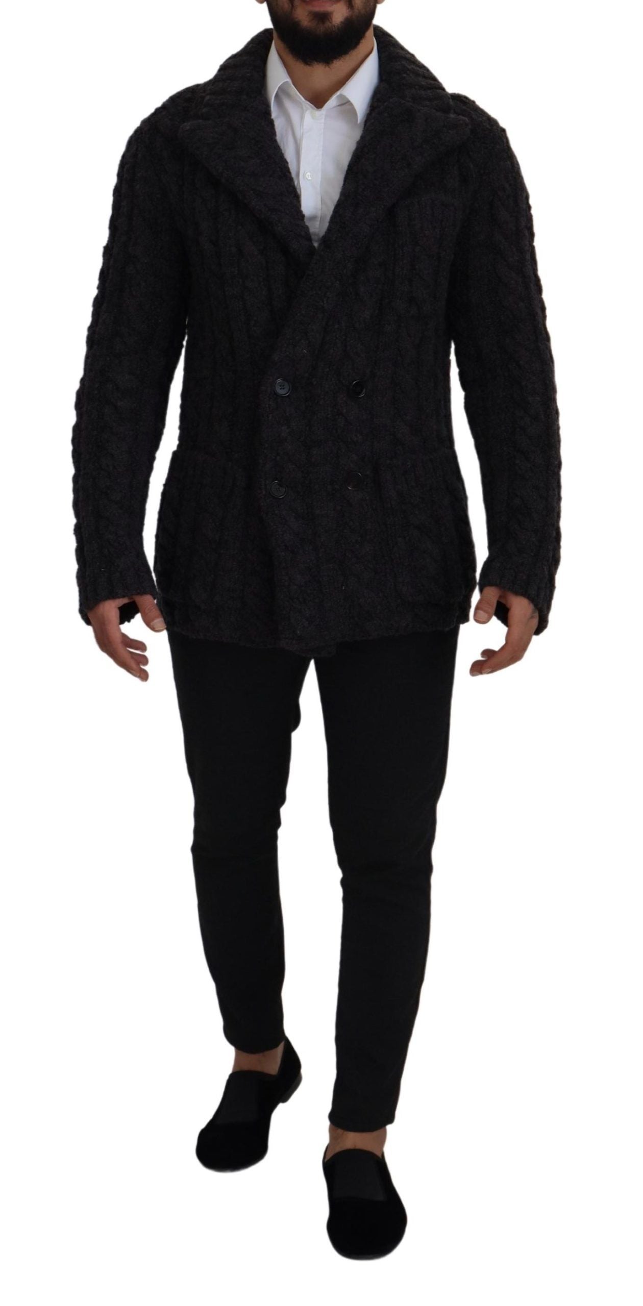 Dolce & Gabbana Schwarzer Wollstrickmantel Jacke mit zwei Brüsten