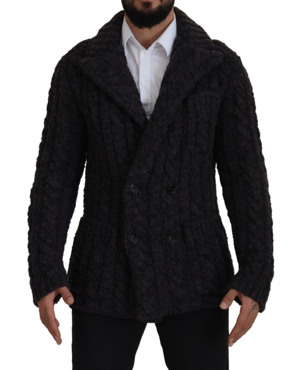 Dolce & Gabbana Schwarzer Wollstrickmantel Jacke mit zwei Brüsten