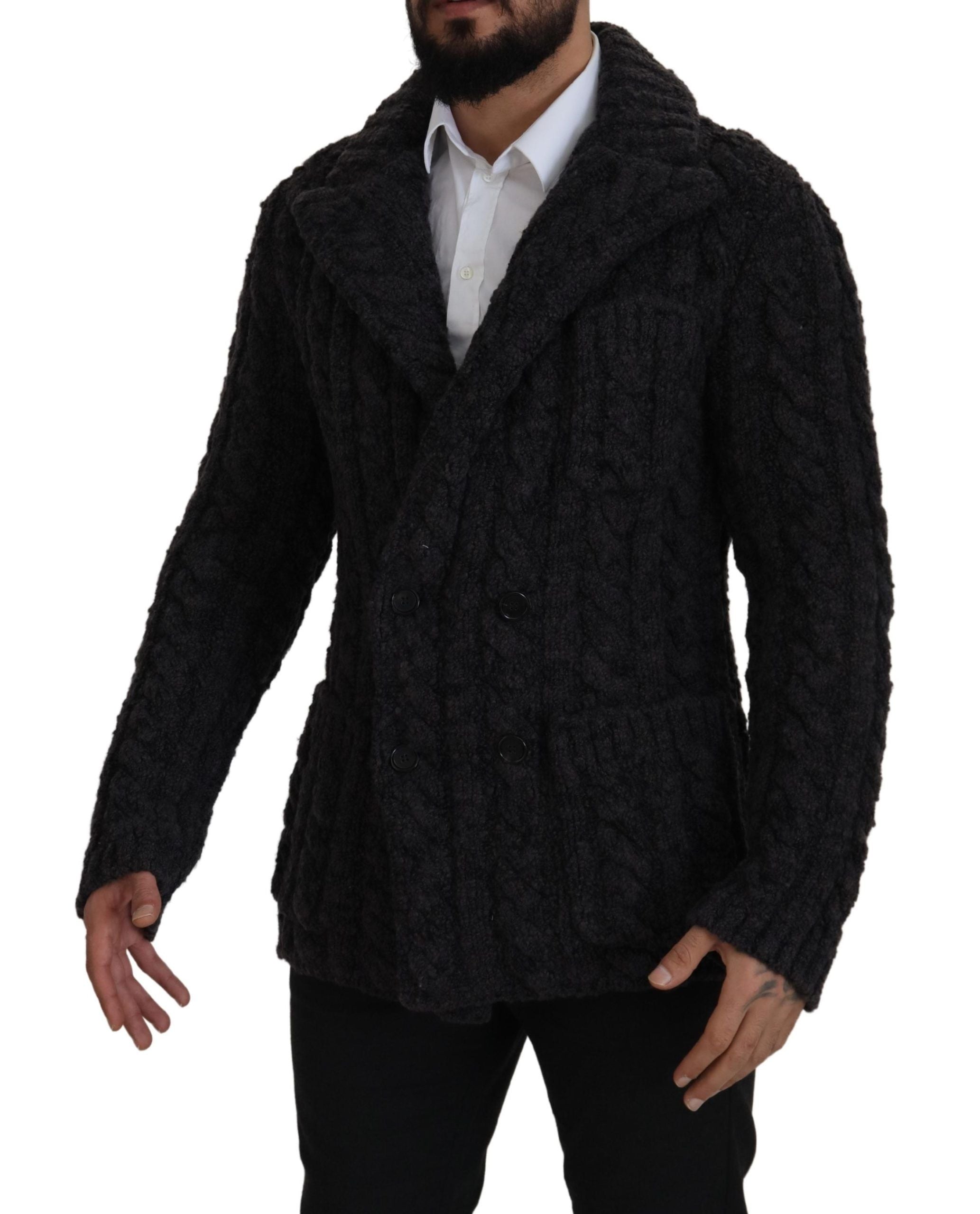 Dolce & Gabbana Schwarzer Wollstrickmantel Jacke mit zwei Brüsten