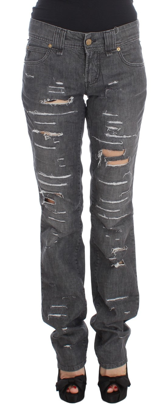 John Galliano Graue Baumwollwaschung Zerrissene Straight Fit Jeans