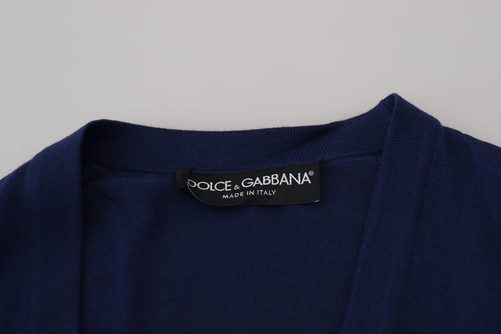 Dolce & Gabbana Blaue Wollstrickjacke mit V-Ausschnitt und Knopfleiste