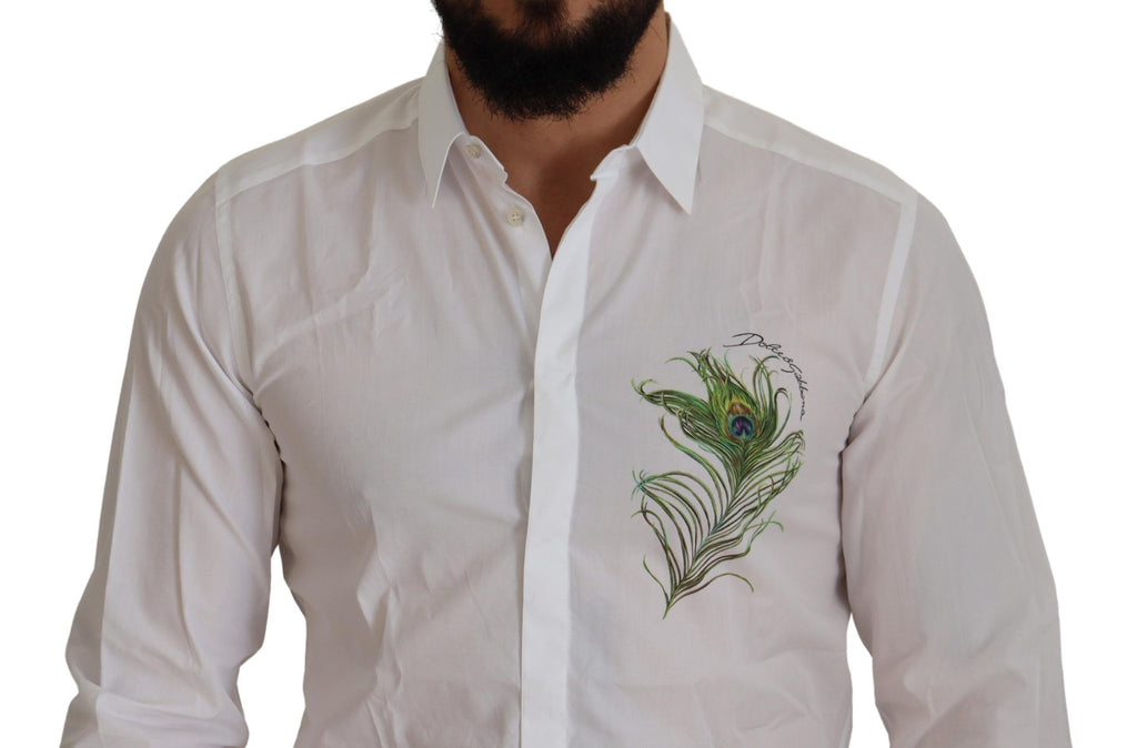 Dolce & Gabbana Weißes Baumwoll-Hemd mit Pfauenfeder-Stickerei, GOLD, formell