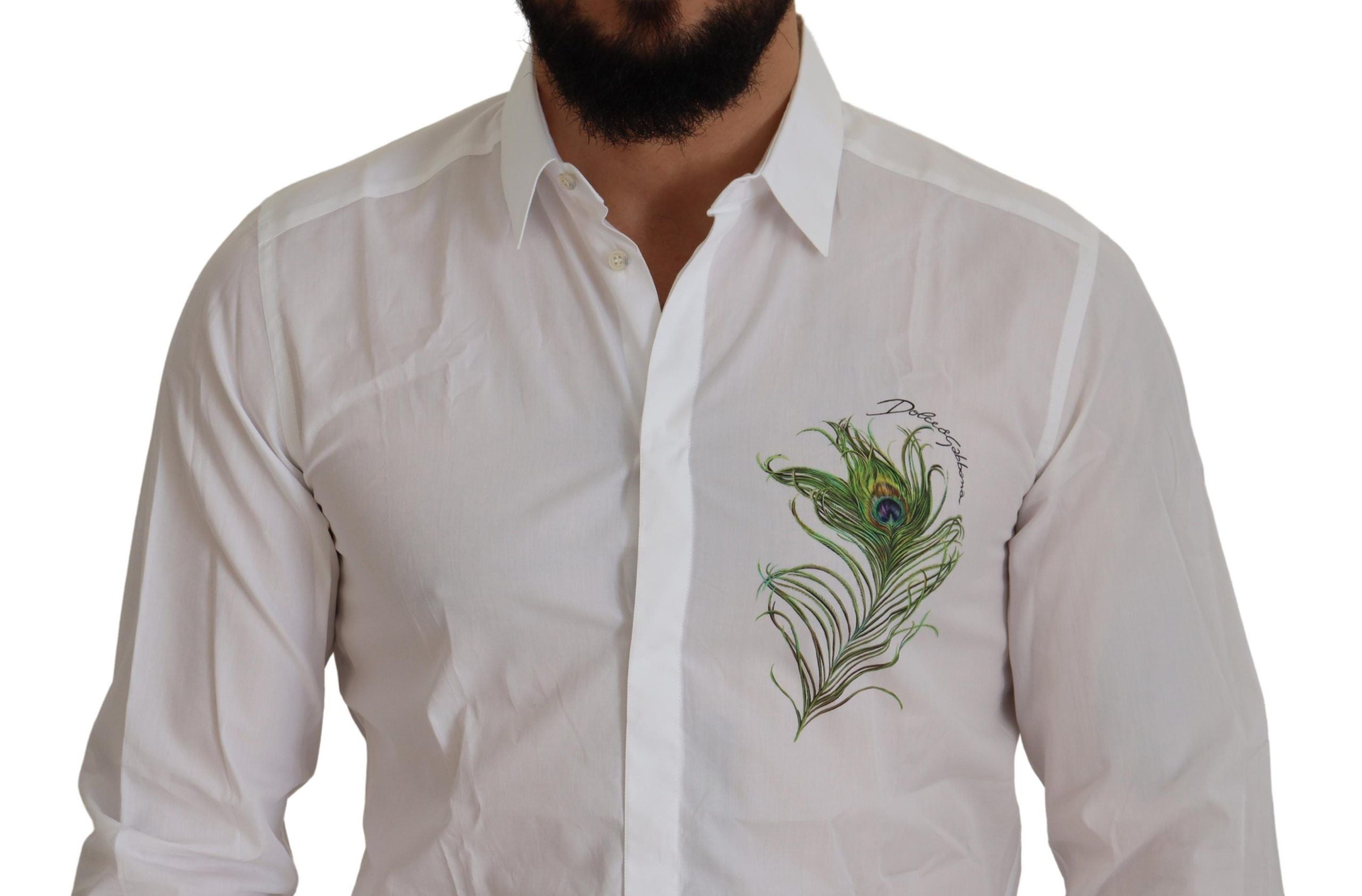 Dolce & Gabbana Weißes Baumwoll-Hemd mit Pfauenfeder-Stickerei, GOLD, formell