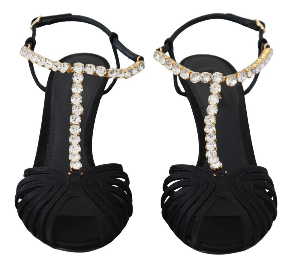 Dolce & Gabbana Schwarz Satin Klar Kristall T-strap Sandale Schuhe